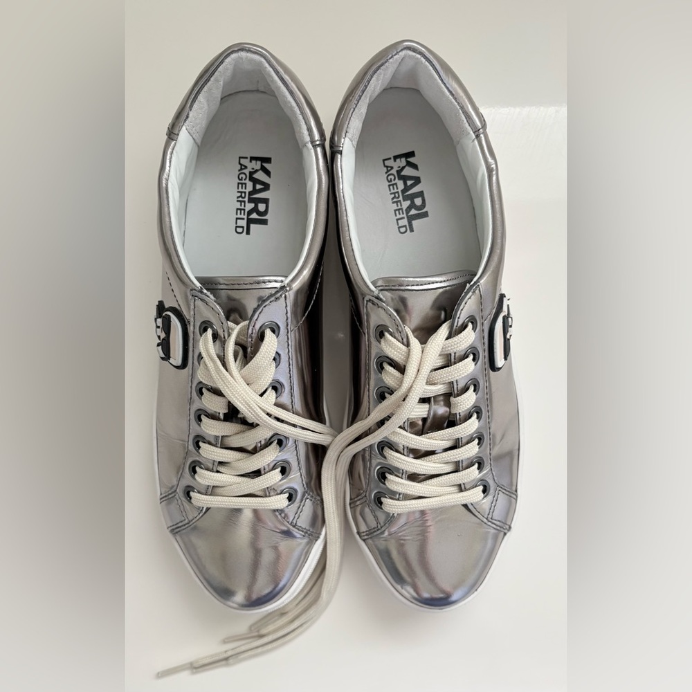 Karl Lagerfeld Metallic Silver Lace Up Sneakers with Icon Patch in size 8! - Picture 3 of 15